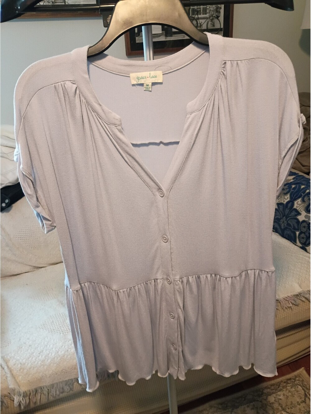 Green Rose Light Purple Button-Up Peplum Top, Size M